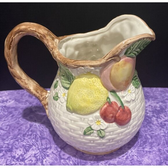 Vintage Fitz and Floyd Pitcher Fruit Flair Basket Weave 3/4 QT 1990 Cottagecore - Picture 3 of 6